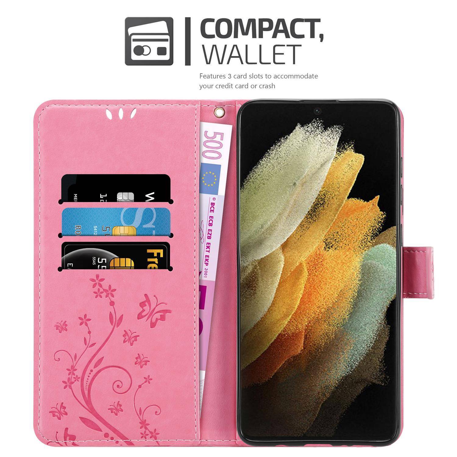 Cadorabo Hülle für Samsung Galaxy S21 ULTRA Schutz Hülle in Rosa Schutzhülle Handy Hülle Etui Case Blumen Flower