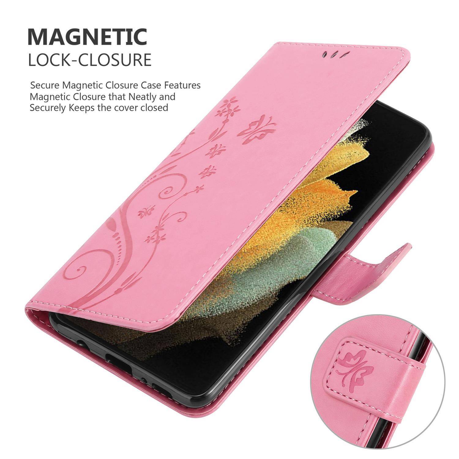 Cadorabo Hülle für Samsung Galaxy S21 ULTRA Schutz Hülle in Rosa Schutzhülle Handy Hülle Etui Case Blumen Flower