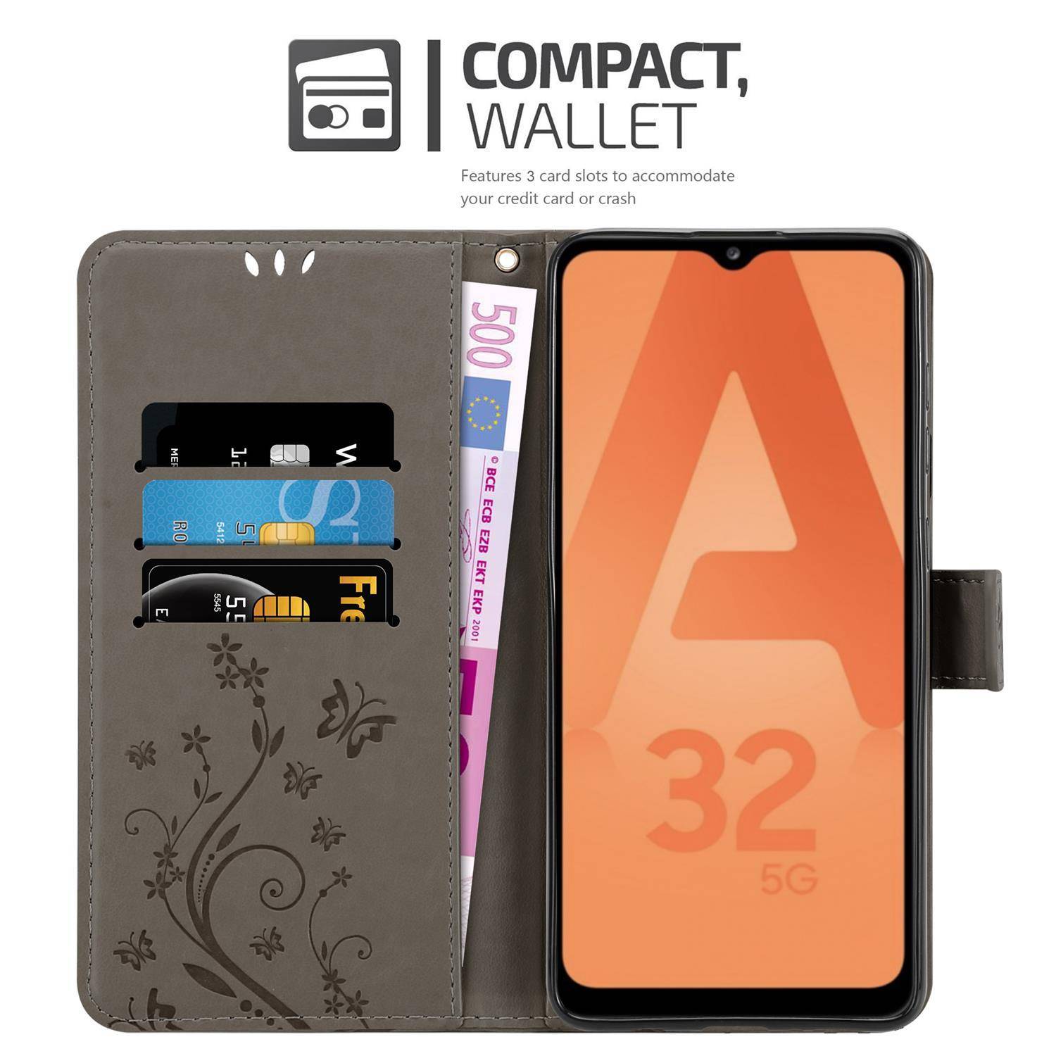 Cadorabo Hülle für Samsung Galaxy A32 5G Schutz Hülle in Grau Schutzhülle Handy Hülle Etui Case Blumen Flower