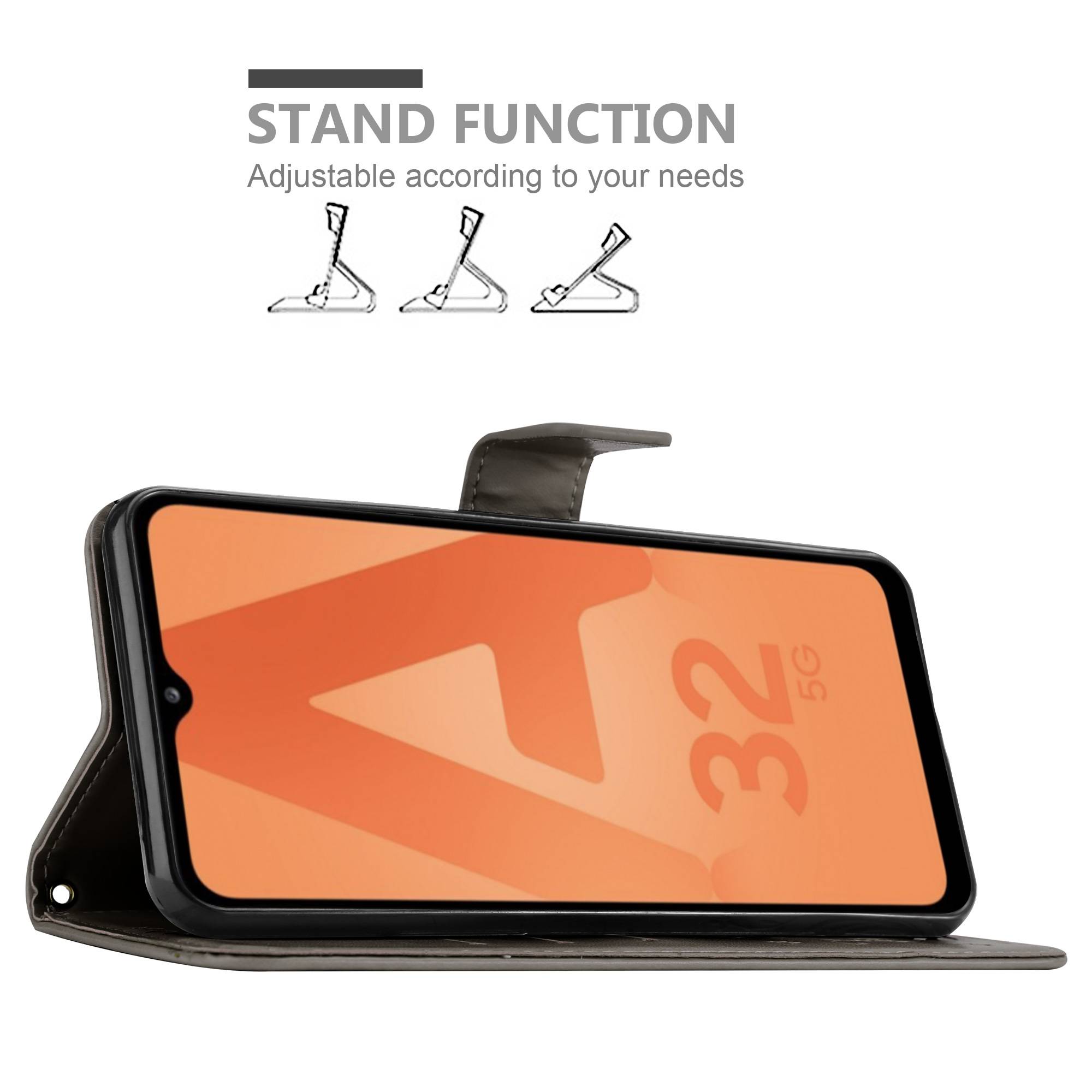 Cadorabo Hülle für Samsung Galaxy A32 5G Schutz Hülle in Grau Schutzhülle Handy Hülle Etui Case Blumen Flower