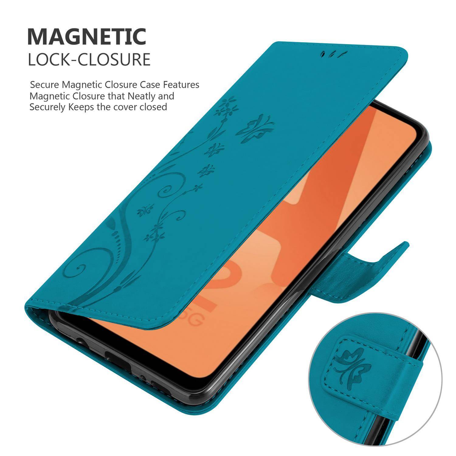 Cadorabo Hülle für Samsung Galaxy A32 5G Schutz Hülle in Blau Schutzhülle Handy Hülle Etui Case Blumen Flower