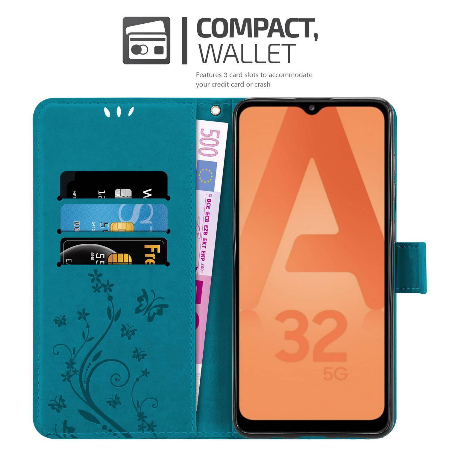 Cadorabo Hülle für Samsung Galaxy A32 5G Schutz Hülle in Blau Schutzhülle Handy Hülle Etui Case Blumen Flower