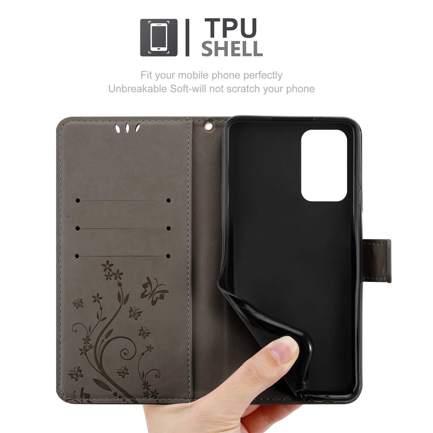 Cadorabo Hülle für Samsung Galaxy A52 (4G / 5G) / A52s Schutz Hülle in Grau Schutzhülle Handy Hülle Etui Case Blumen