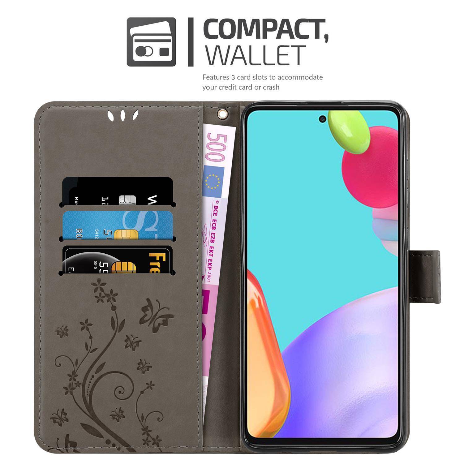 Cadorabo Hülle für Samsung Galaxy A52 (4G / 5G) / A52s Schutz Hülle in Grau Schutzhülle Handy Hülle Etui Case Blumen