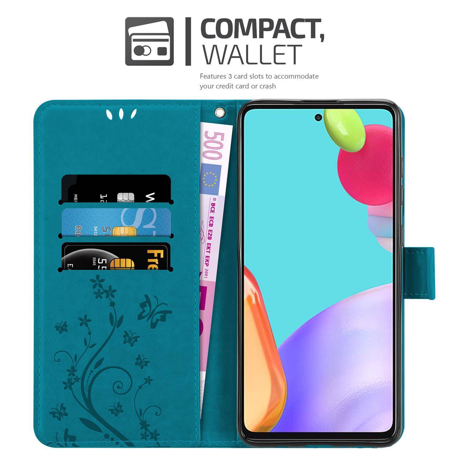 Cadorabo Hülle für Samsung Galaxy A52 (4G / 5G) / A52s Schutz Hülle in Blau Schutzhülle Handy Hülle Etui Case Blumen