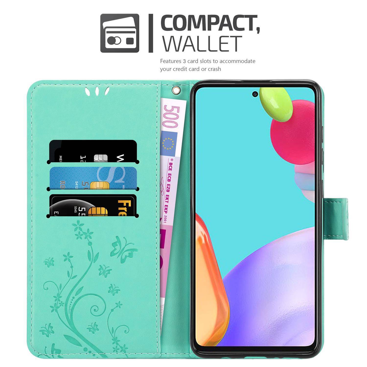 Cadorabo Hülle für Samsung Galaxy A52 (4G / 5G) / A52s Schutz Hülle in Türkis Schutzhülle Handy Hülle Etui Case Blumen