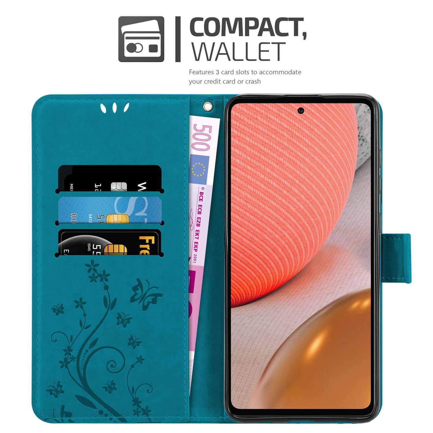 Cadorabo Hülle für Samsung Galaxy A72 4G / 5G Schutz Hülle in Blau Schutzhülle Handy Hülle Etui Case Blumen Flower