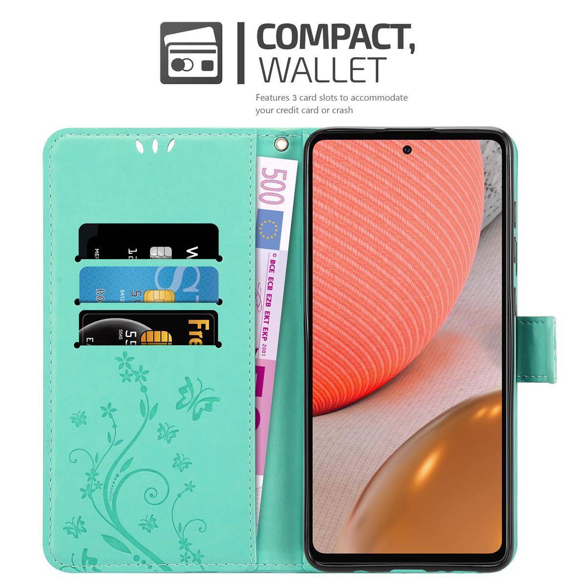 Cadorabo Hülle für Samsung Galaxy A72 4G / 5G Schutz Hülle in Türkis Schutzhülle Handy Hülle Etui Case Blumen Flower