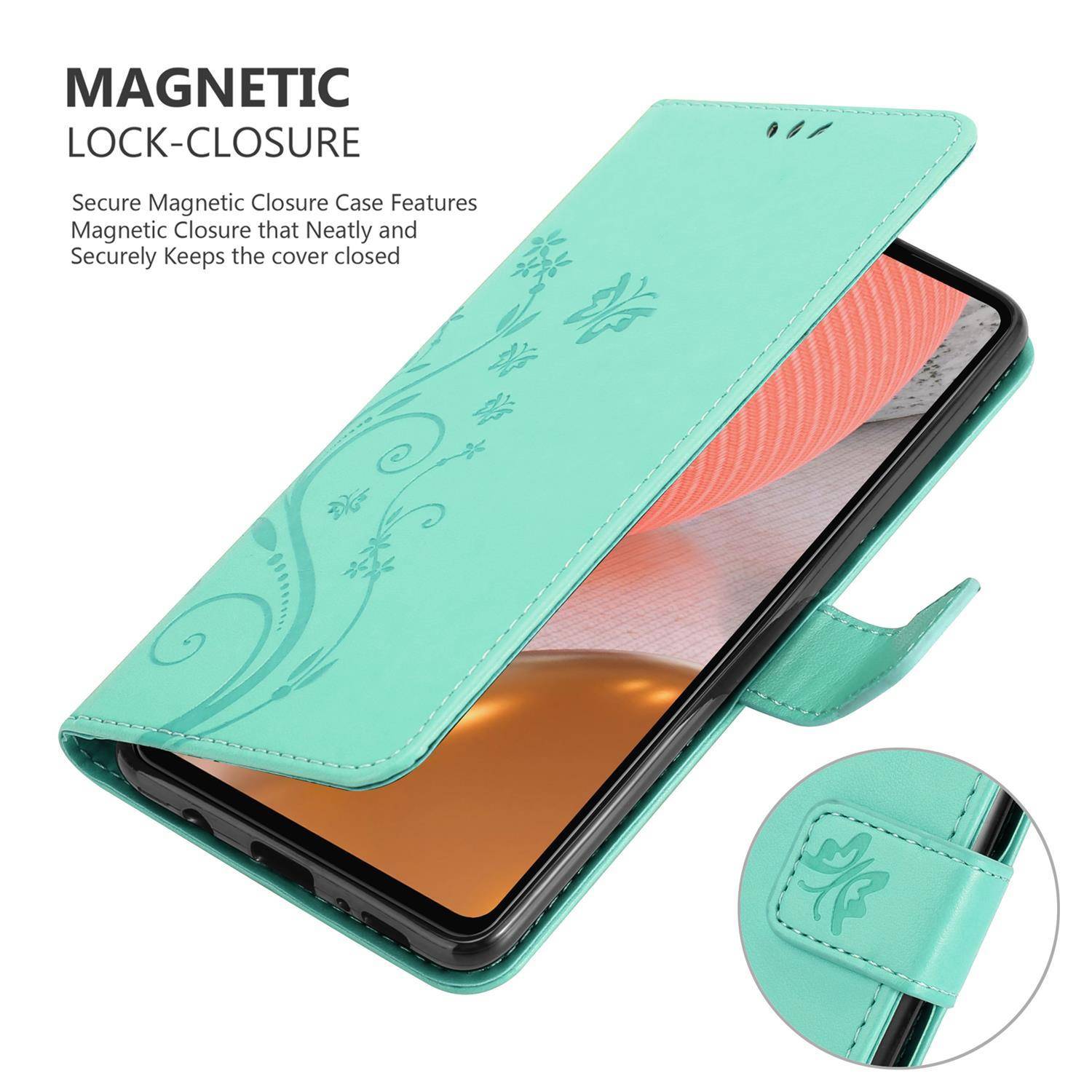 Cadorabo Hülle für Samsung Galaxy A72 4G / 5G Schutz Hülle in Türkis Schutzhülle Handy Hülle Etui Case Blumen Flower