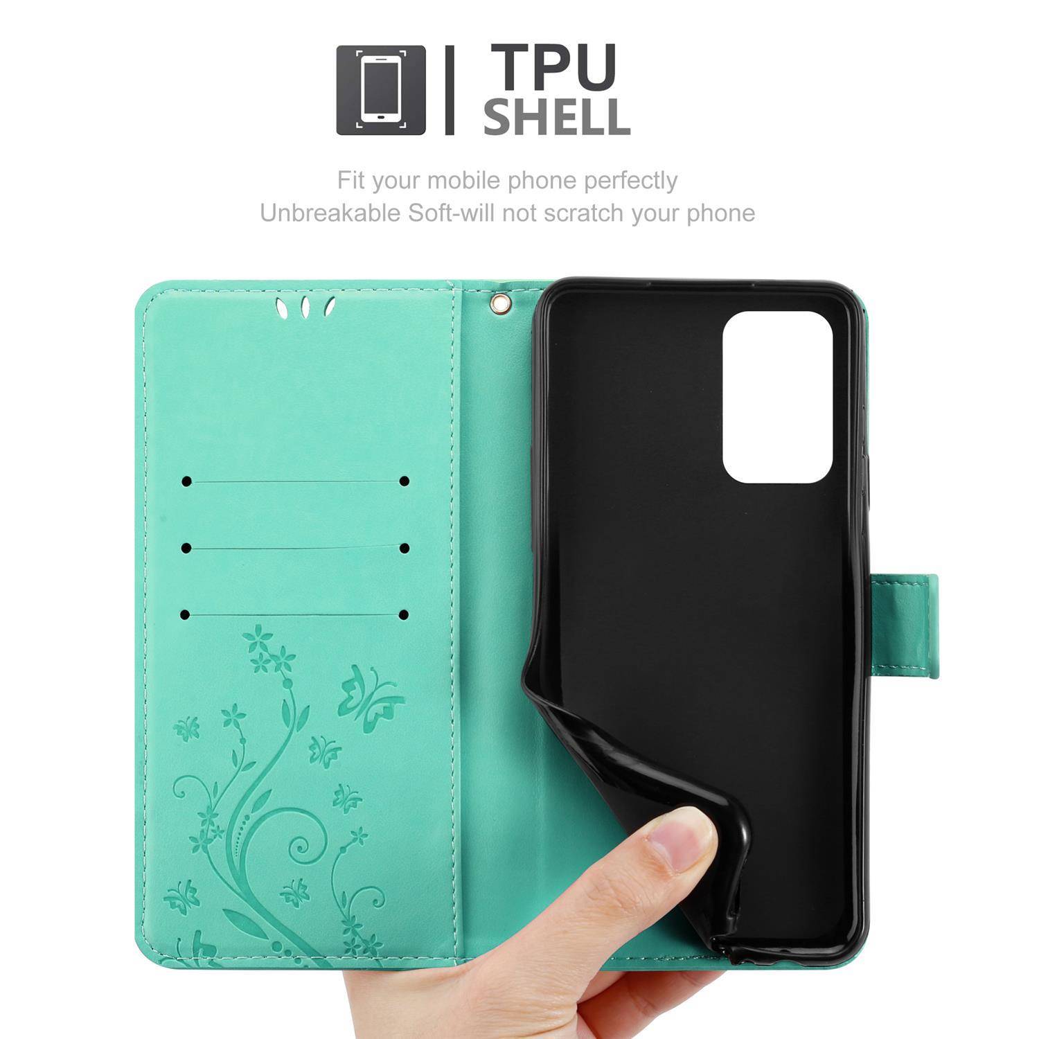 Cadorabo Hülle für Samsung Galaxy A72 4G / 5G Schutz Hülle in Türkis Schutzhülle Handy Hülle Etui Case Blumen Flower