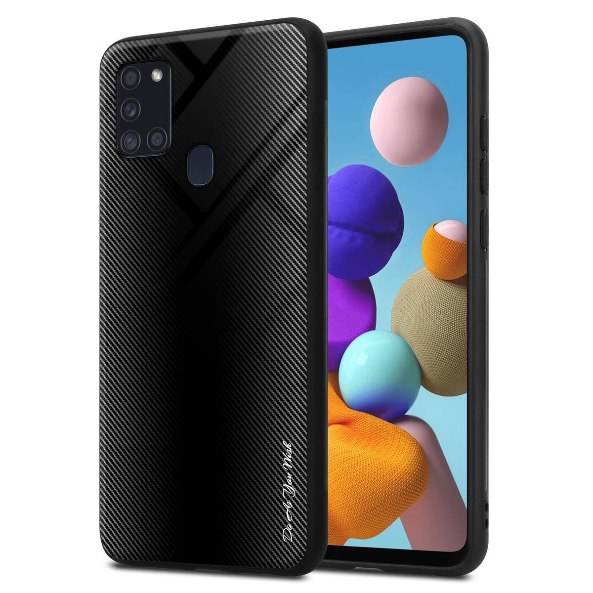 Cadorabo Hülle für Samsung Galaxy A21s Schutz Hülle in Schwarz Handyhülle TPU Etui Cover Case Tempered Glas