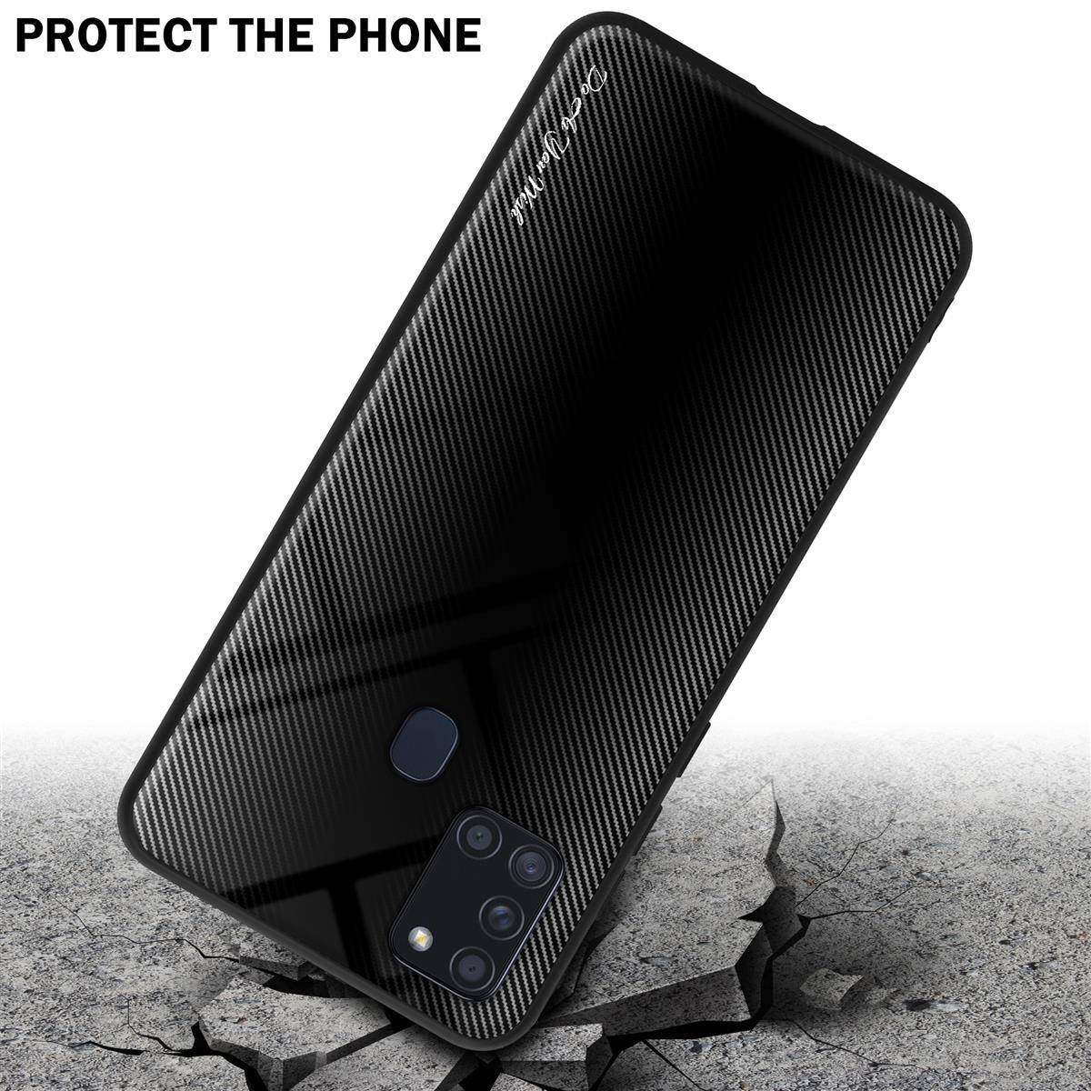 Cadorabo Hülle für Samsung Galaxy A21s Schutz Hülle in Schwarz Handyhülle TPU Etui Cover Case Tempered Glas