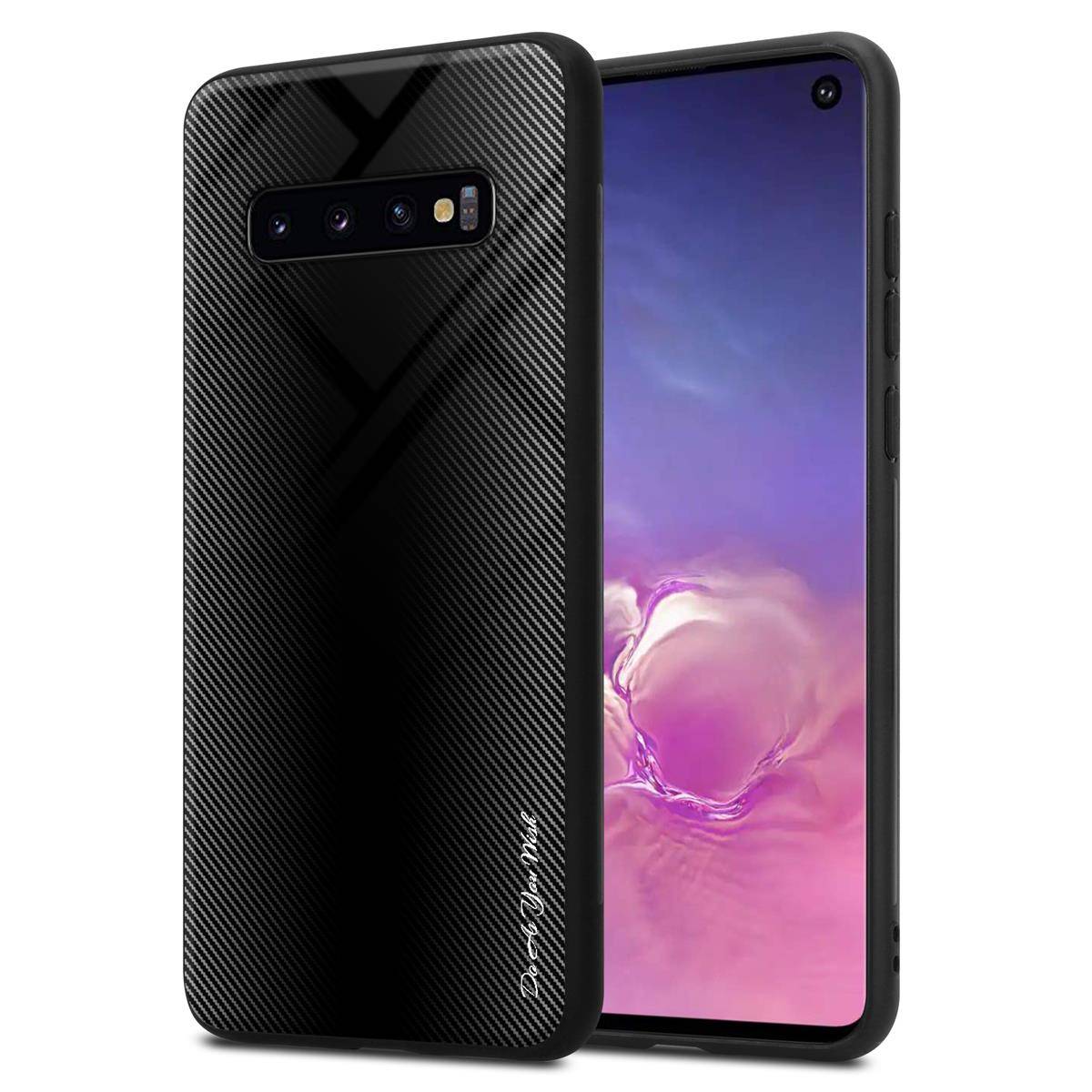 Cadorabo Hülle für Samsung Galaxy S10 4G Schutz Hülle in Schwarz Handyhülle TPU Etui Cover Case Tempered Glas