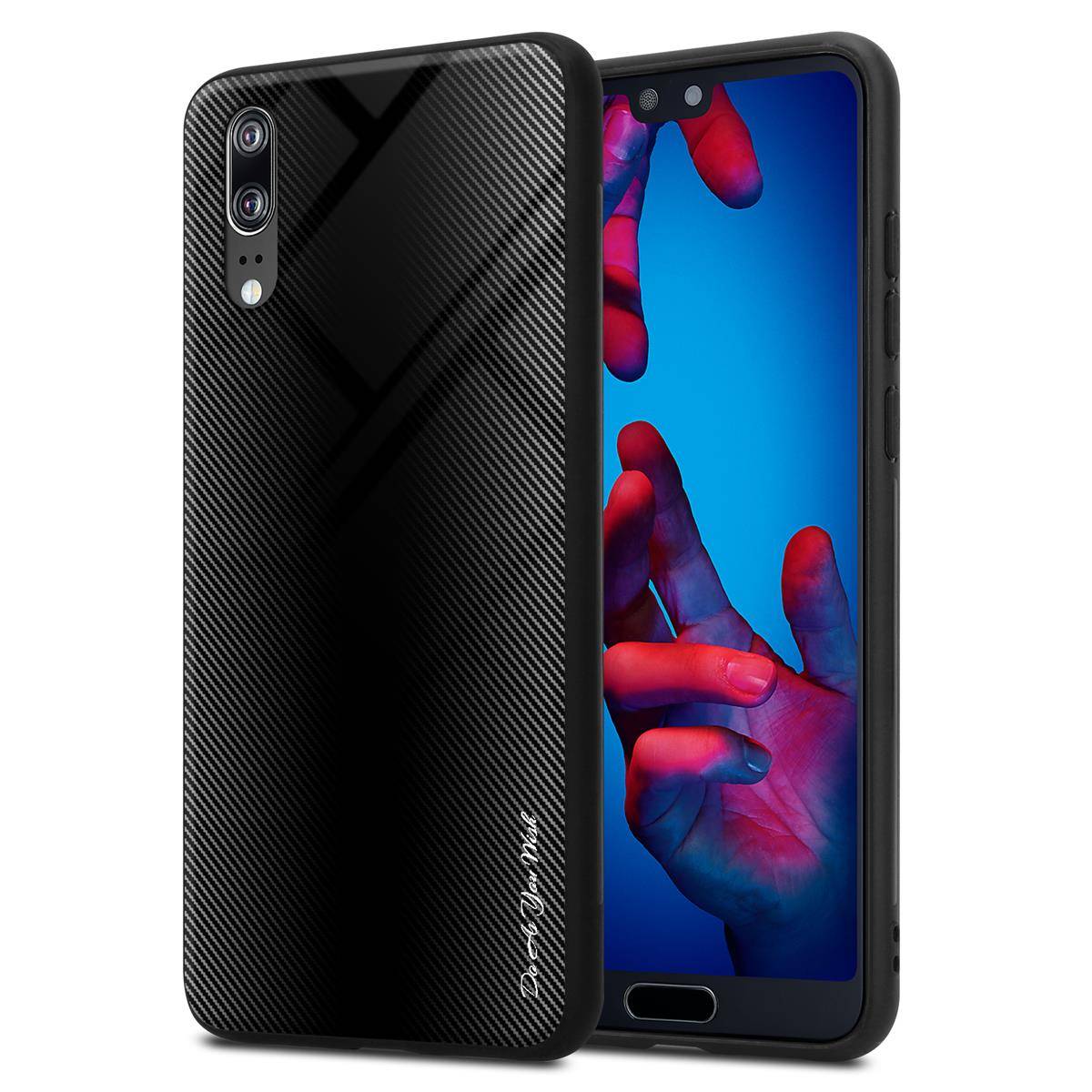 Cadorabo Hülle für Huawei P20 Schutz Hülle in Schwarz Handyhülle TPU Etui Cover Case Tempered Glas