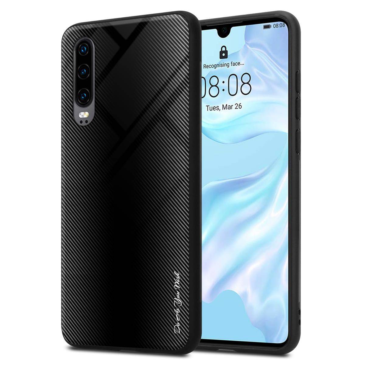 Cadorabo Hülle für Huawei P30 Schutz Hülle in Schwarz Handyhülle TPU Etui Cover Case Tempered Glas