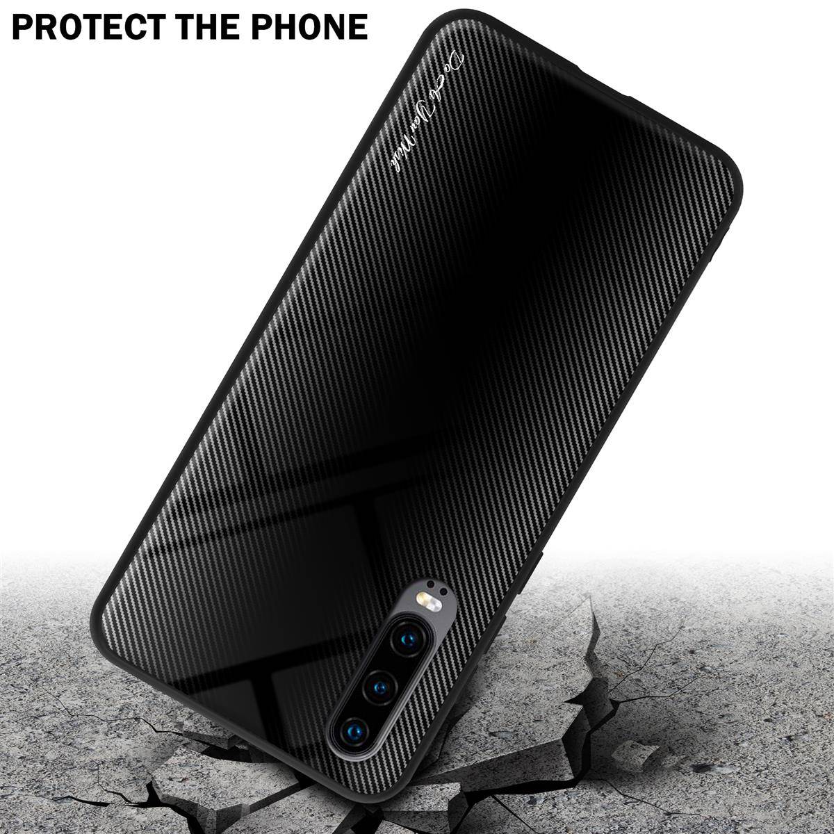 Cadorabo Hülle für Huawei P30 Schutz Hülle in Schwarz Handyhülle TPU Etui Cover Case Tempered Glas