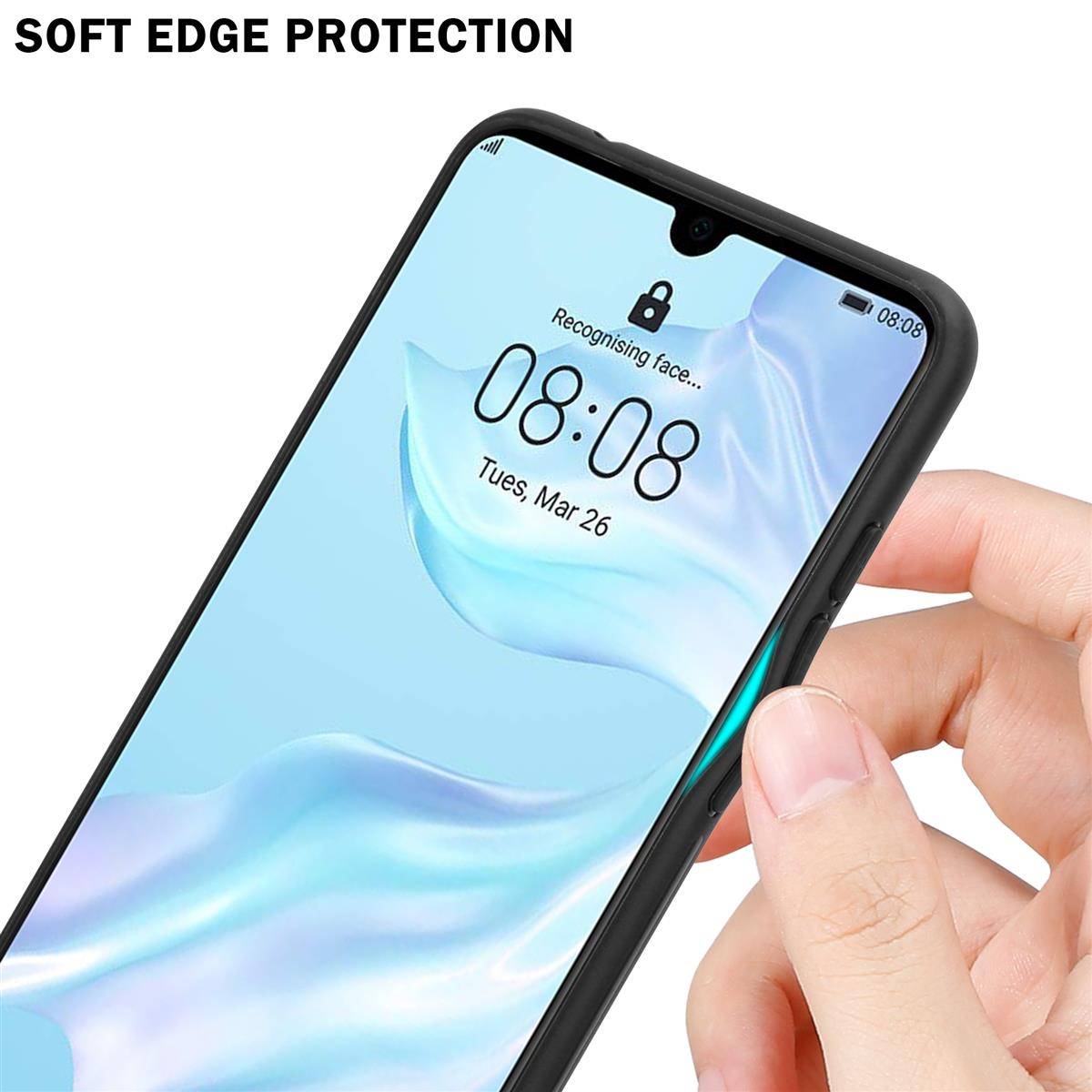 Cadorabo Hülle für Huawei P30 Schutz Hülle in Schwarz Handyhülle TPU Etui Cover Case Tempered Glas
