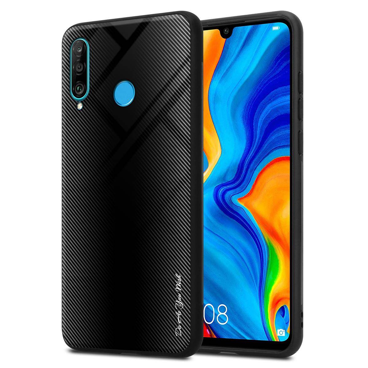 Cadorabo Hülle für Huawei P30 LITE Schutz Hülle in Schwarz Handyhülle TPU Etui Cover Case Tempered Glas