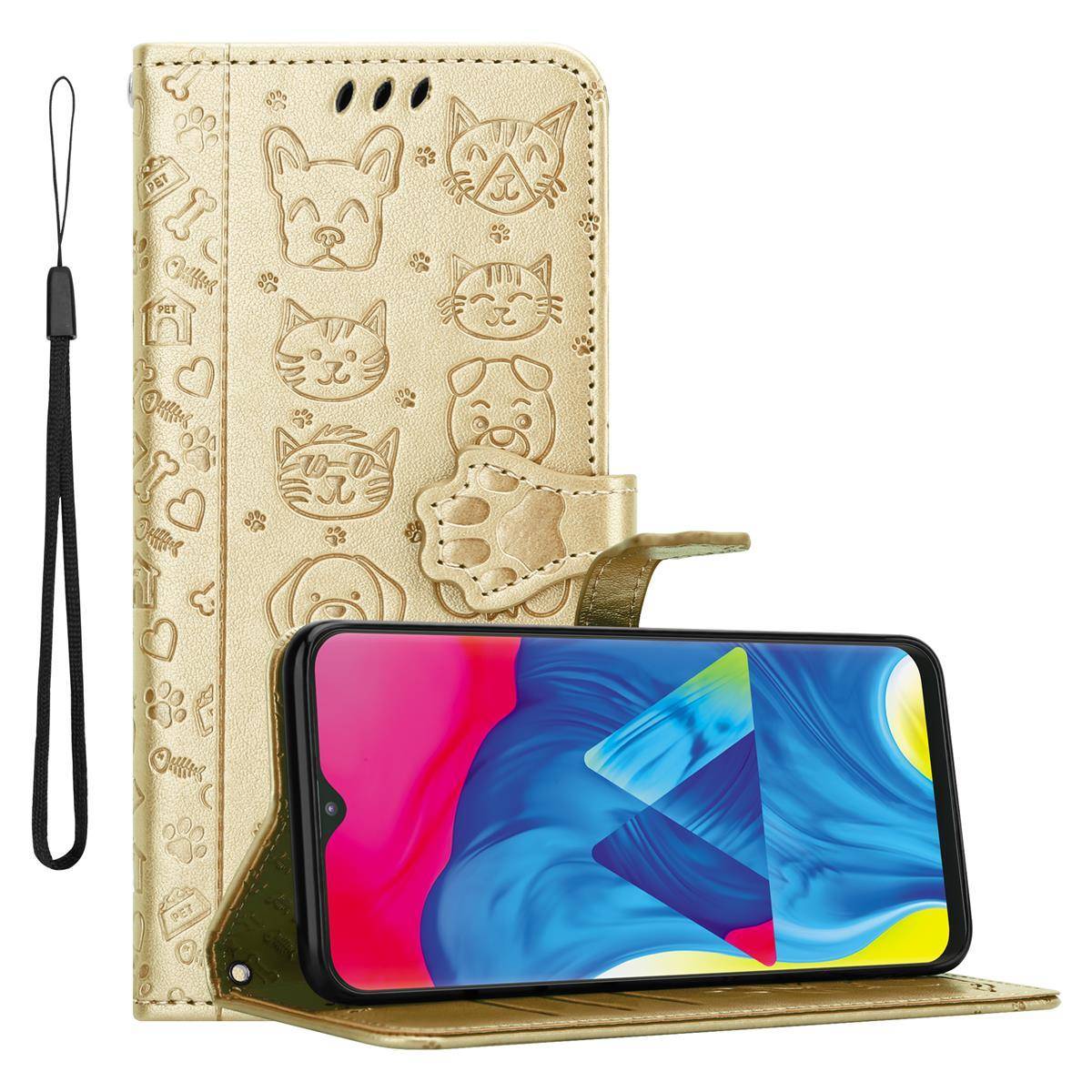 Cadorabo Hülle für Samsung Galaxy A10 / M10 Schutz Hülle in Gold Handyhülle Cover Etui Case Booklet Hunde Katzen