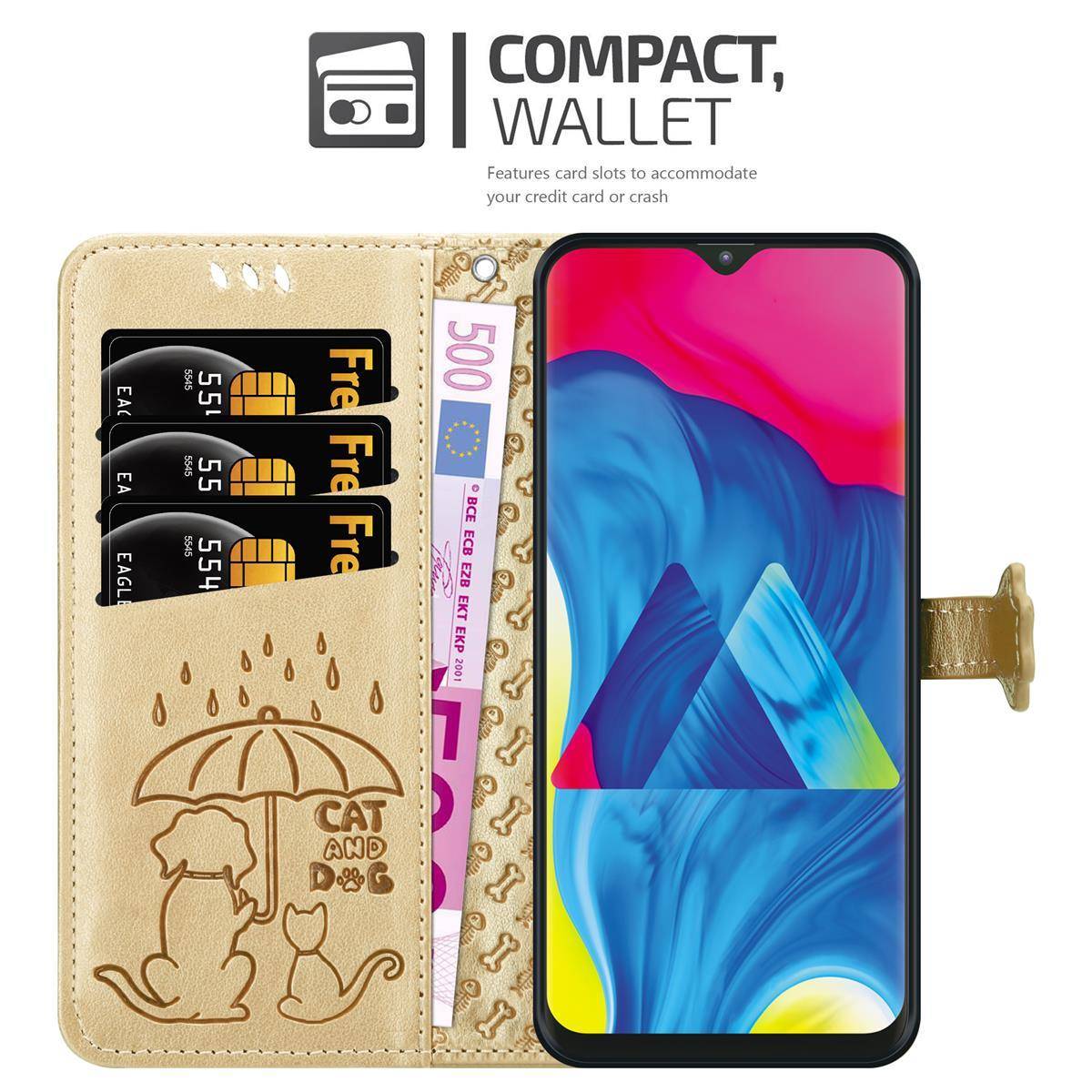 Cadorabo Hülle für Samsung Galaxy A10 / M10 Schutz Hülle in Gold Handyhülle Cover Etui Case Booklet Hunde Katzen
