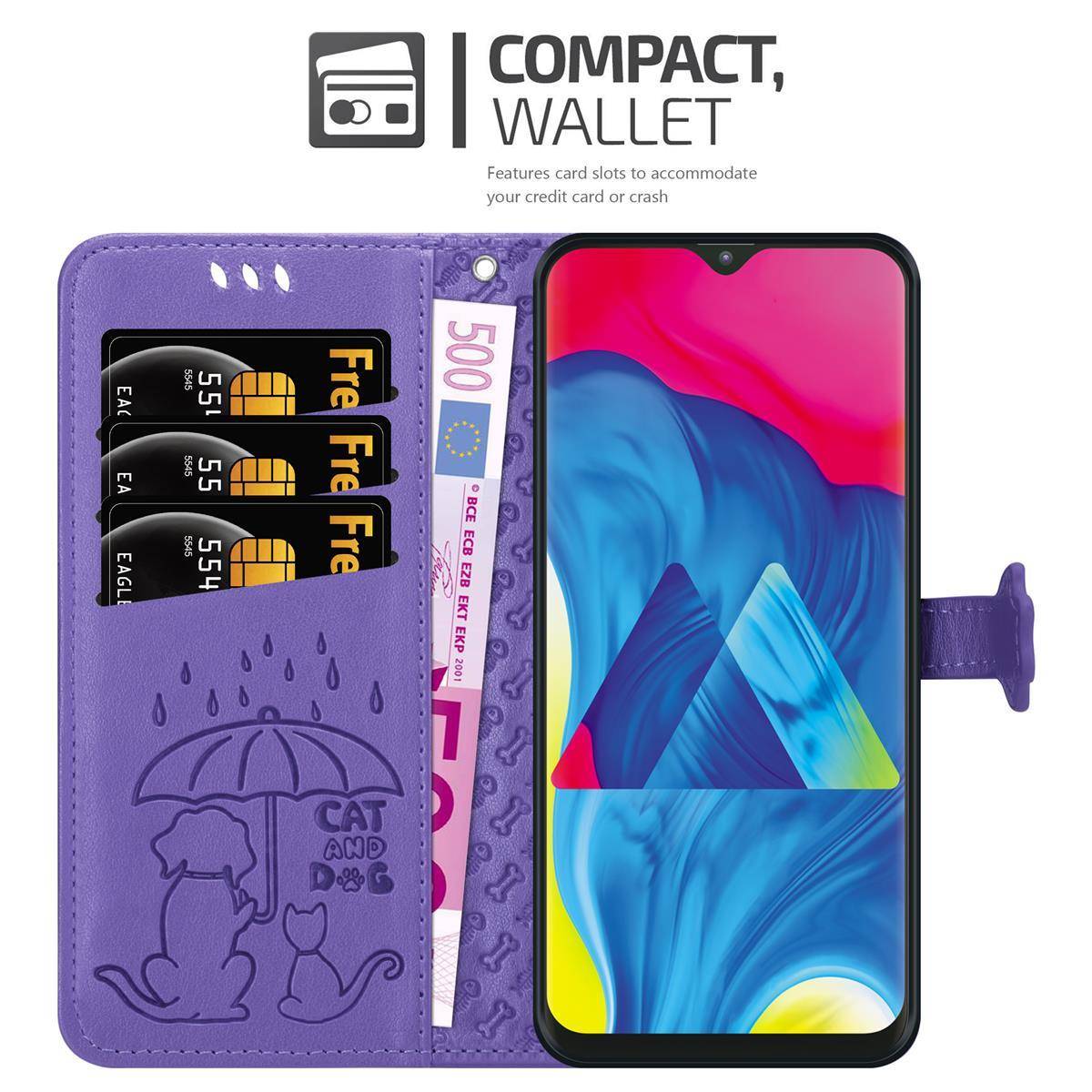 Cadorabo Hülle für Samsung Galaxy A10 / M10 Schutz Hülle in Lila Handyhülle Cover Etui Case Booklet Hunde Katzen