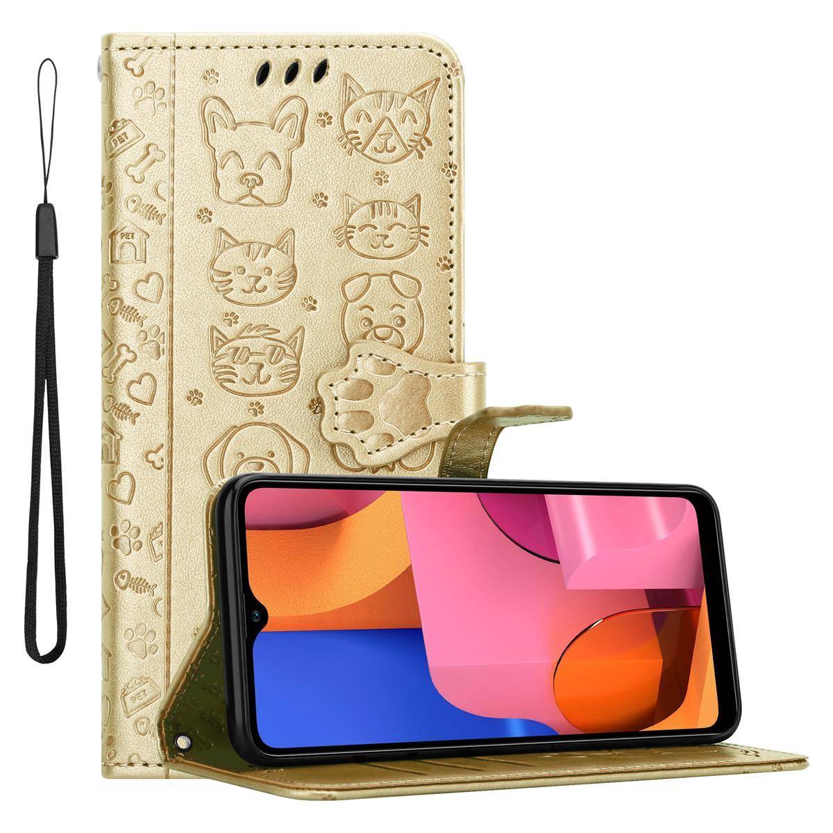 Cadorabo Hülle für Samsung Galaxy A20s Schutz Hülle in Gold Handyhülle Cover Etui Case Booklet Hunde Katzen
