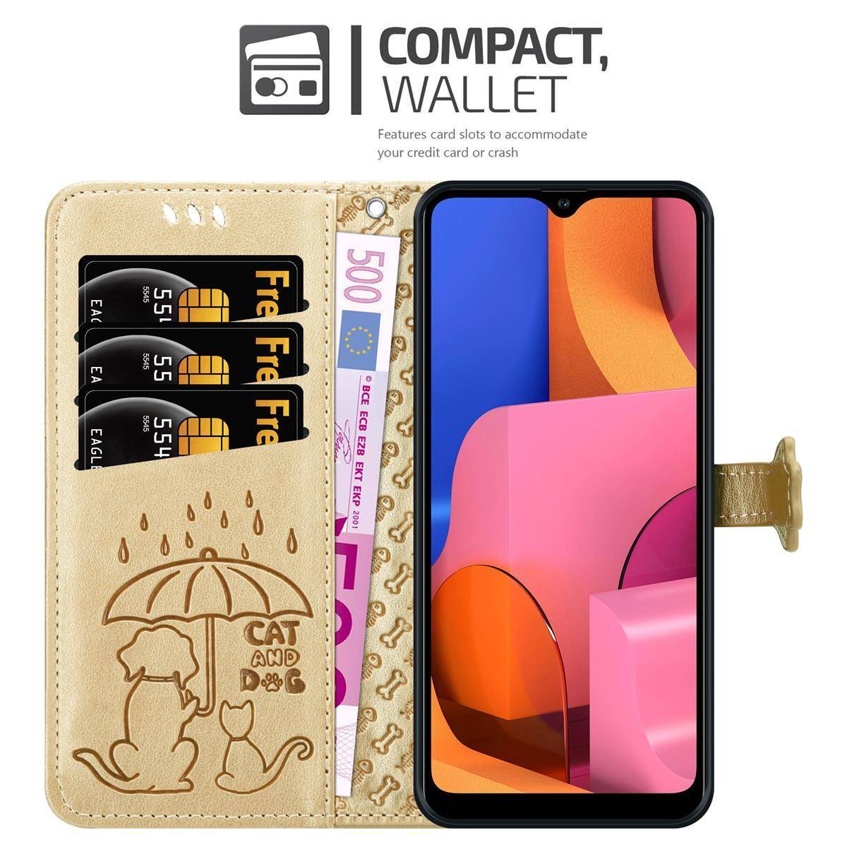 Cadorabo Hülle für Samsung Galaxy A20s Schutz Hülle in Gold Handyhülle Cover Etui Case Booklet Hunde Katzen
