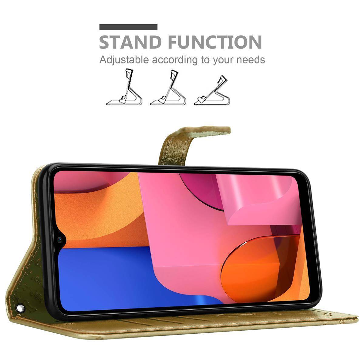 Cadorabo Hülle für Samsung Galaxy A20s Schutz Hülle in Gold Handyhülle Cover Etui Case Booklet Hunde Katzen