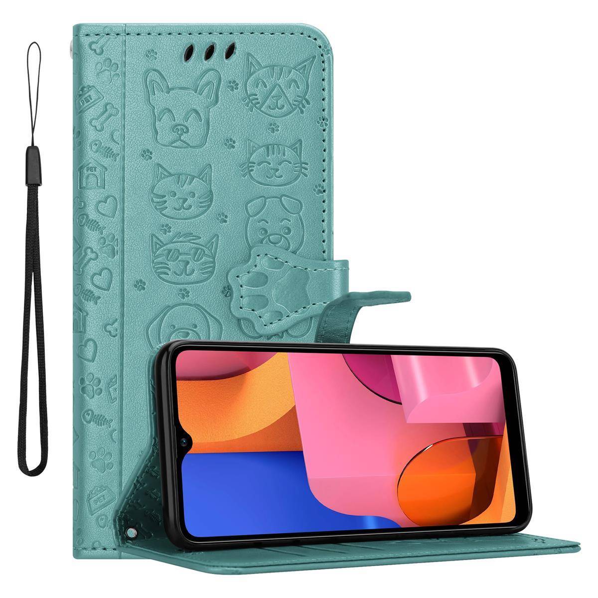 Cadorabo Hülle für Samsung Galaxy A20s Schutz Hülle in Grün Handyhülle Cover Etui Case Booklet Hunde Katzen