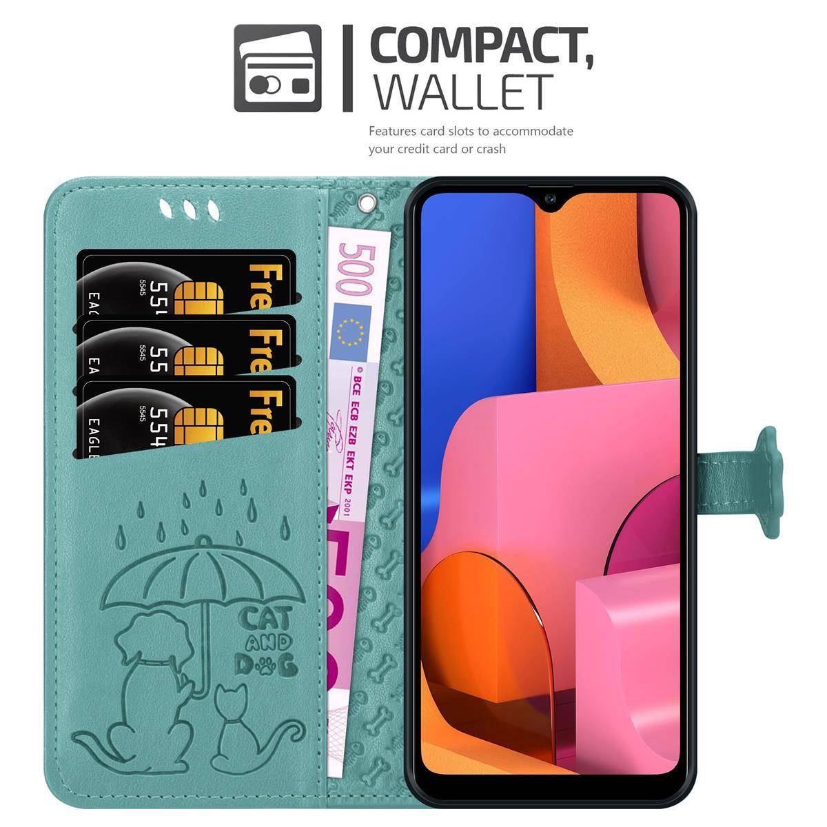 Cadorabo Hülle für Samsung Galaxy A20s Schutz Hülle in Grün Handyhülle Cover Etui Case Booklet Hunde Katzen
