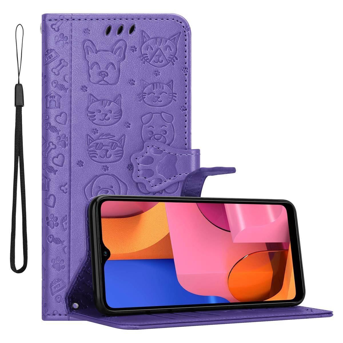 Cadorabo Hülle für Samsung Galaxy A20s Schutz Hülle in Lila Handyhülle Cover Etui Case Booklet Hunde Katzen