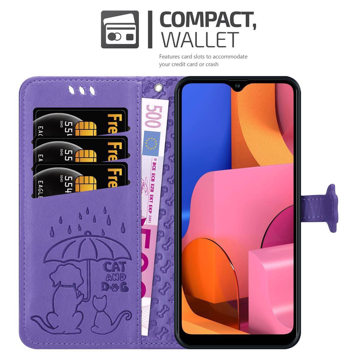 Cadorabo Hülle für Samsung Galaxy A20s Schutz Hülle in Lila Handyhülle Cover Etui Case Booklet Hunde Katzen