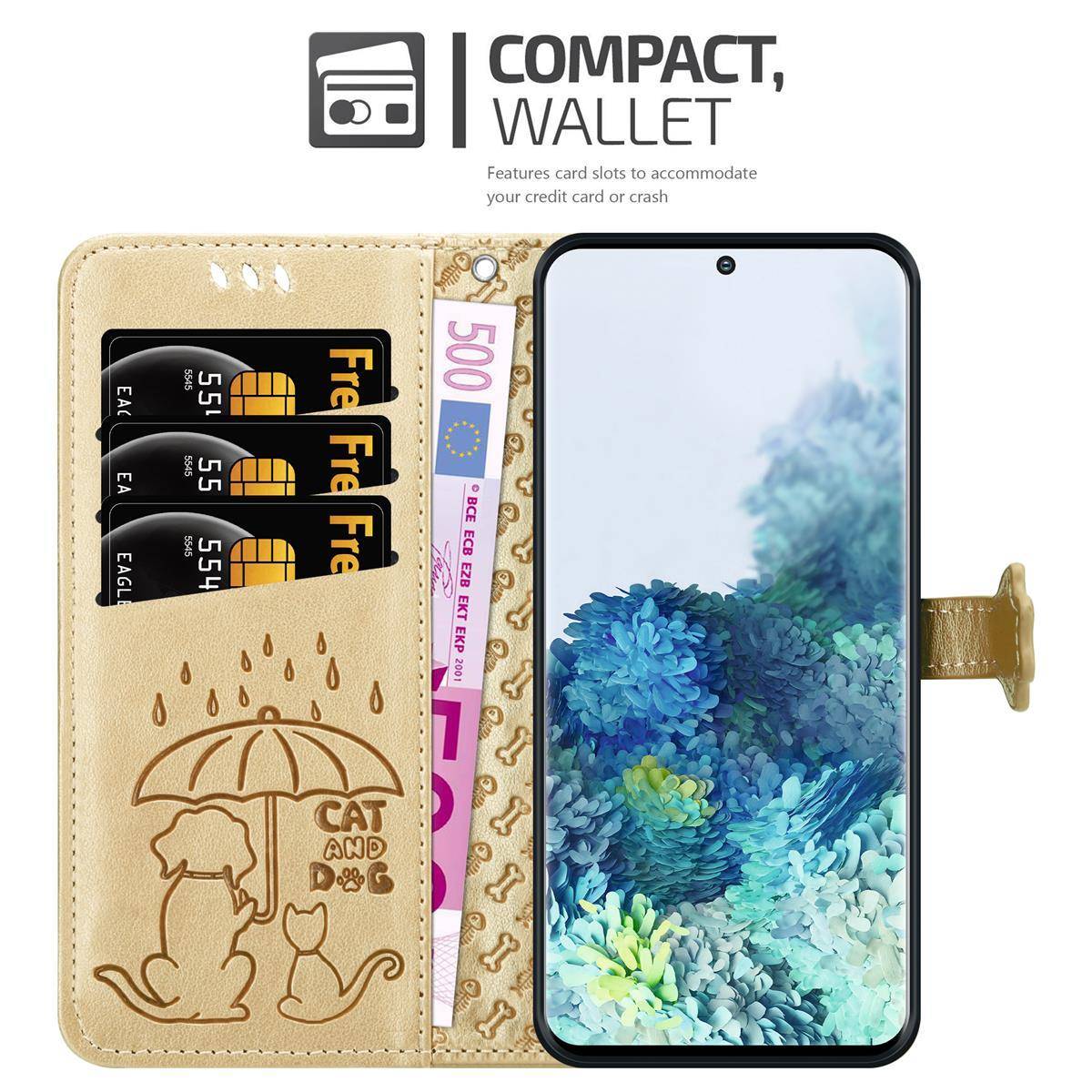 Cadorabo Hülle für Samsung Galaxy S20 Schutz Hülle in Gold Handyhülle Cover Etui Case Booklet Hunde Katzen