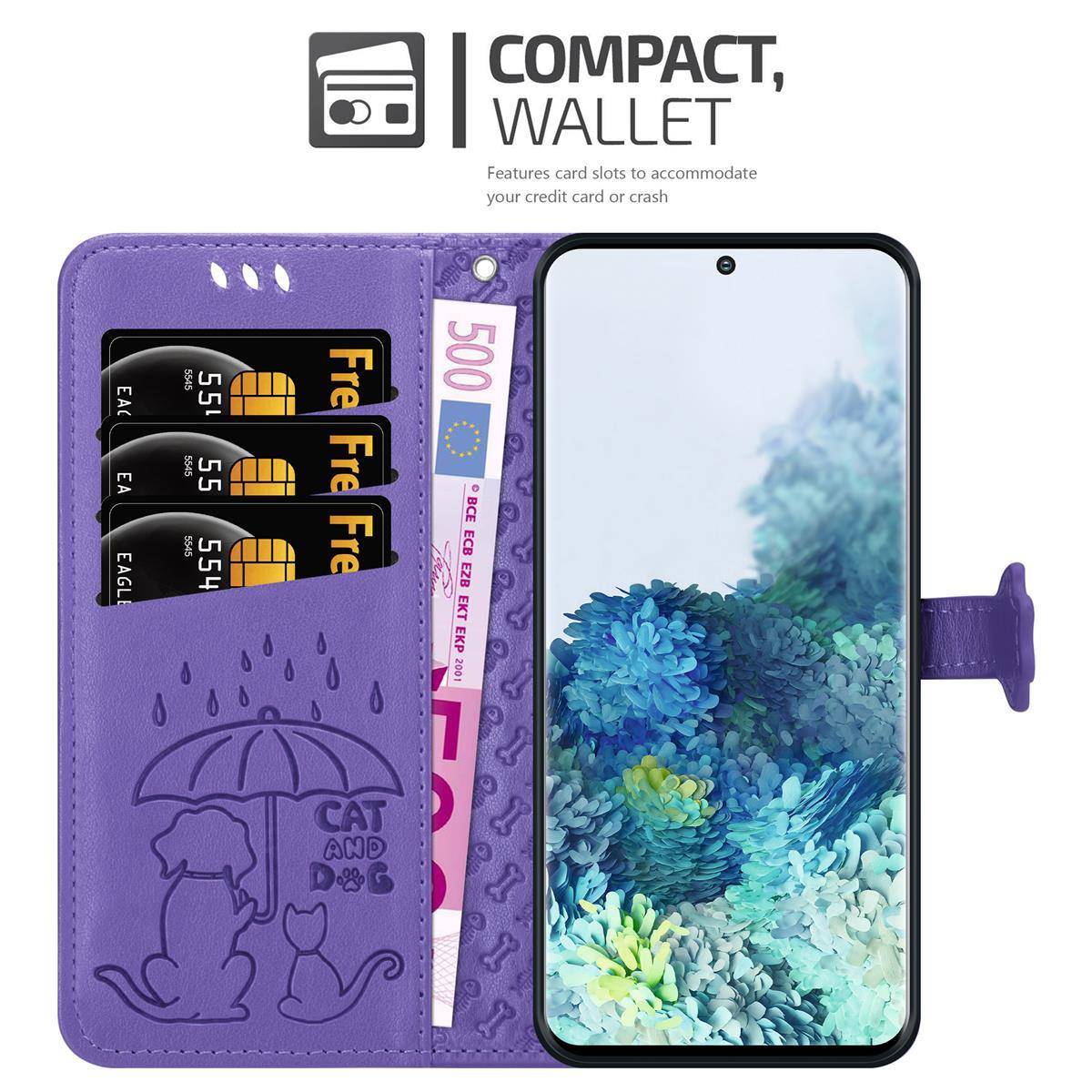 Cadorabo Hülle für Samsung Galaxy S20 Schutz Hülle in Lila Handyhülle Cover Etui Case Booklet Hunde Katzen