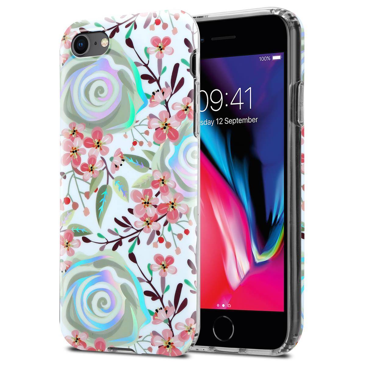 Cadorabo Hülle für Apple iPhone 7 / 7S / 8 / SE 2020 Schutz Hülle mit Weiß TPU Etui Blumen Flower Cover Case