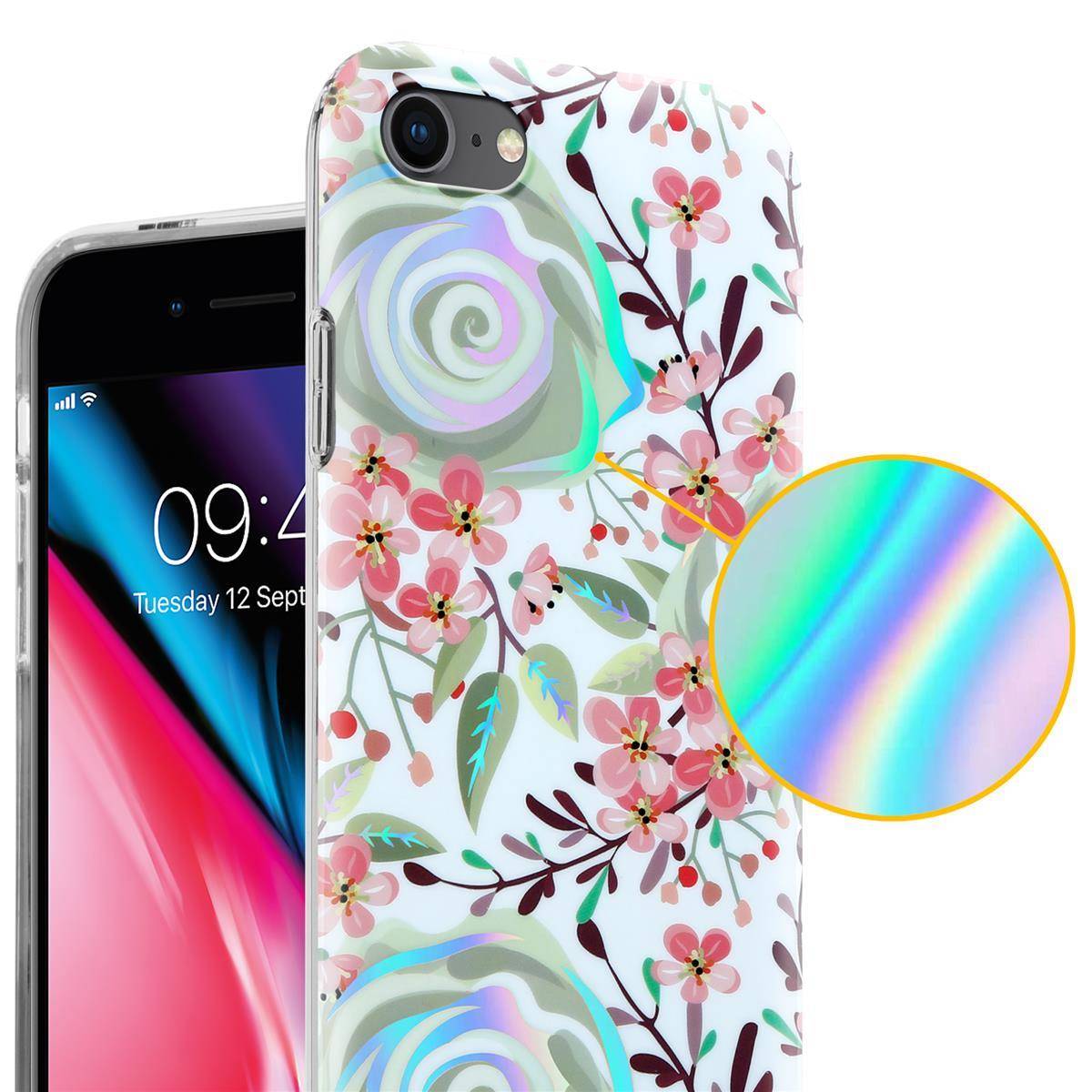 Cadorabo Hülle für Apple iPhone 7 / 7S / 8 / SE 2020 Schutz Hülle mit Weiß TPU Etui Blumen Flower Cover Case