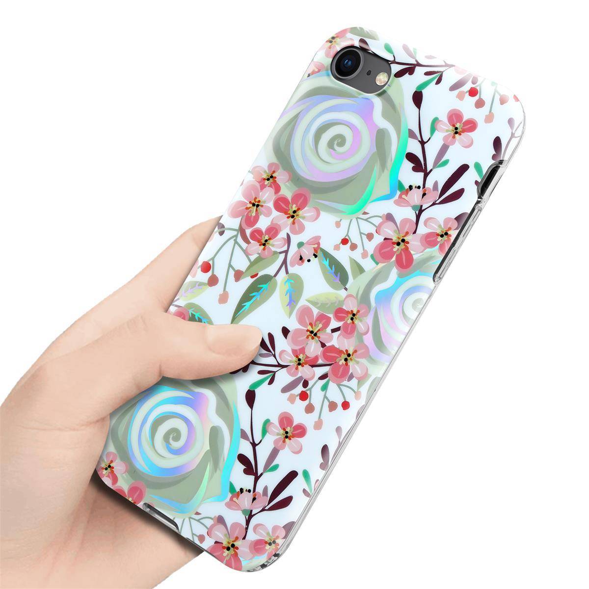 Cadorabo Hülle für Apple iPhone 7 / 7S / 8 / SE 2020 Schutz Hülle mit Weiß TPU Etui Blumen Flower Cover Case