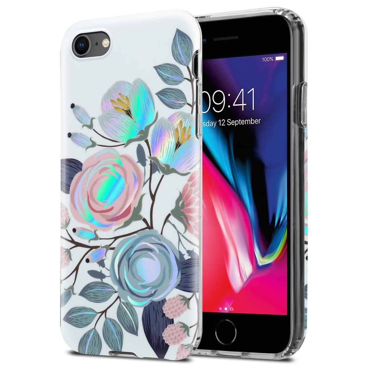 Cadorabo Hülle für Apple iPhone 7 / 7S / 8 / SE 2020 Schutz Hülle mit Weiß TPU Etui Blumen Flower Cover Case