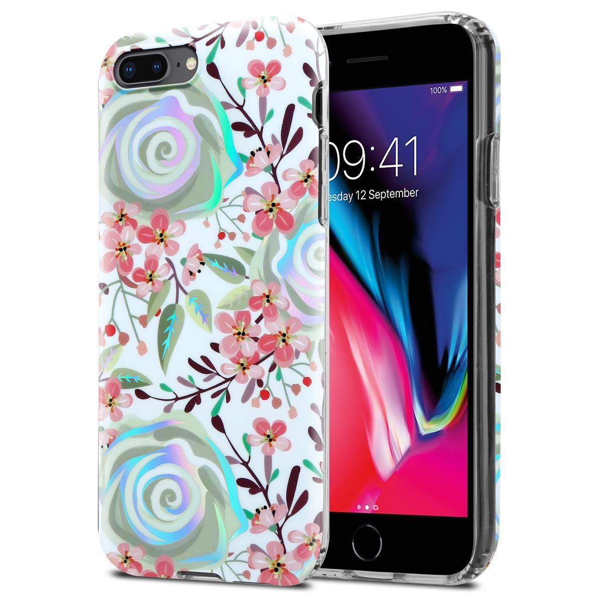 Cadorabo Hülle für Apple iPhone 7 PLUS / 7S PLUS / 8 PLUS Schutz Hülle mit Weiß TPU Etui Blumen Flower Cover Case