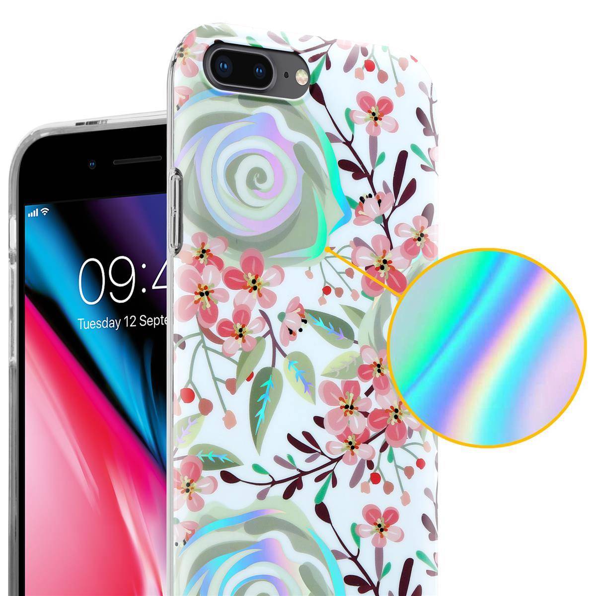 Cadorabo Hülle für Apple iPhone 7 PLUS / 7S PLUS / 8 PLUS Schutz Hülle mit Weiß TPU Etui Blumen Flower Cover Case