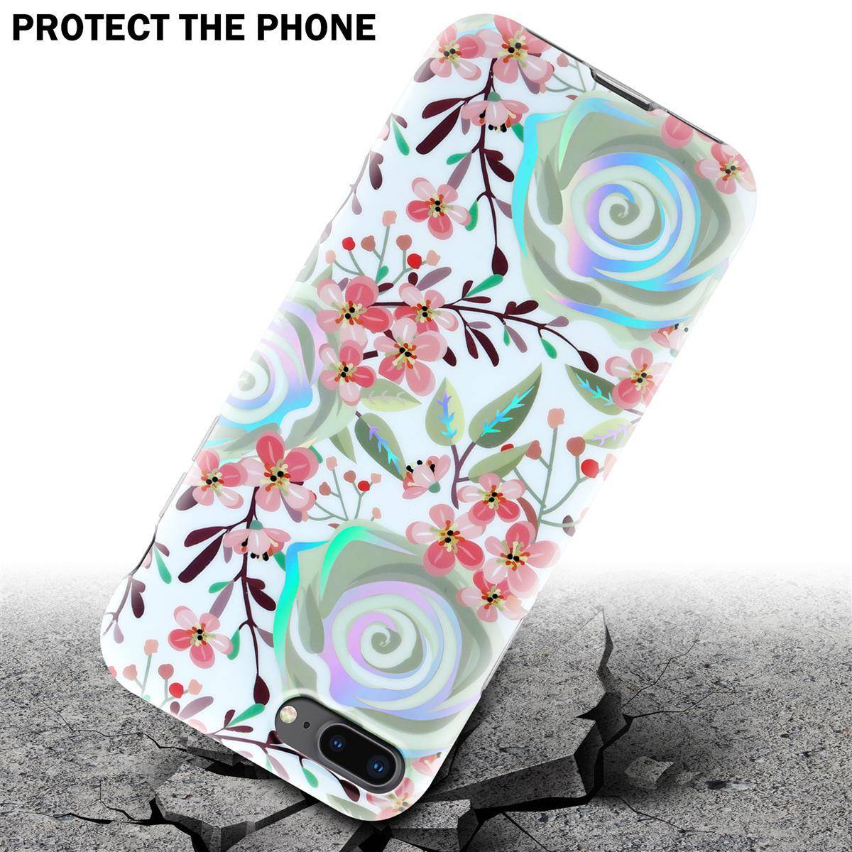Cadorabo Hülle für Apple iPhone 7 PLUS / 7S PLUS / 8 PLUS Schutz Hülle mit Weiß TPU Etui Blumen Flower Cover Case
