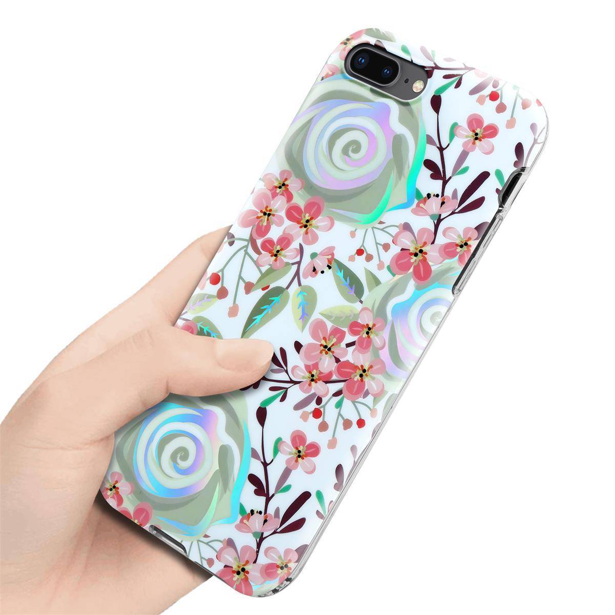Cadorabo Hülle für Apple iPhone 7 PLUS / 7S PLUS / 8 PLUS Schutz Hülle mit Weiß TPU Etui Blumen Flower Cover Case