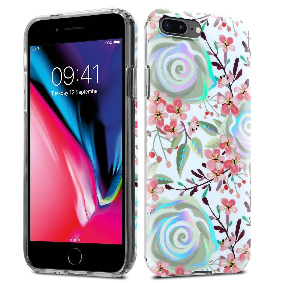 Cadorabo Hülle für Apple iPhone 7 PLUS / 7S PLUS / 8 PLUS Schutz Hülle mit Weiß TPU Etui Blumen Flower Cover Case