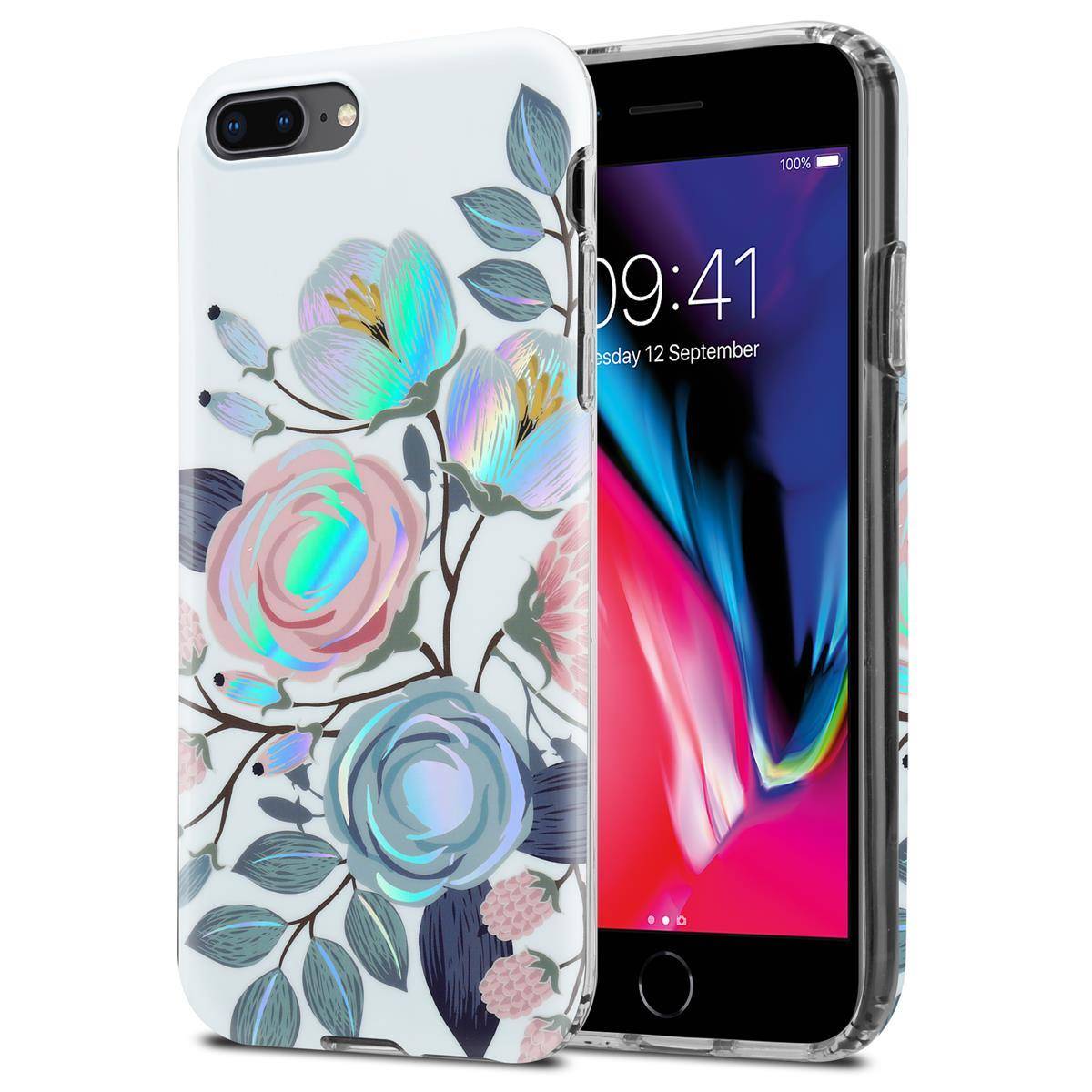 Cadorabo Hülle für Apple iPhone 7 PLUS / 7S PLUS / 8 PLUS Schutz Hülle mit Weiß TPU Etui Blumen Flower Cover Case
