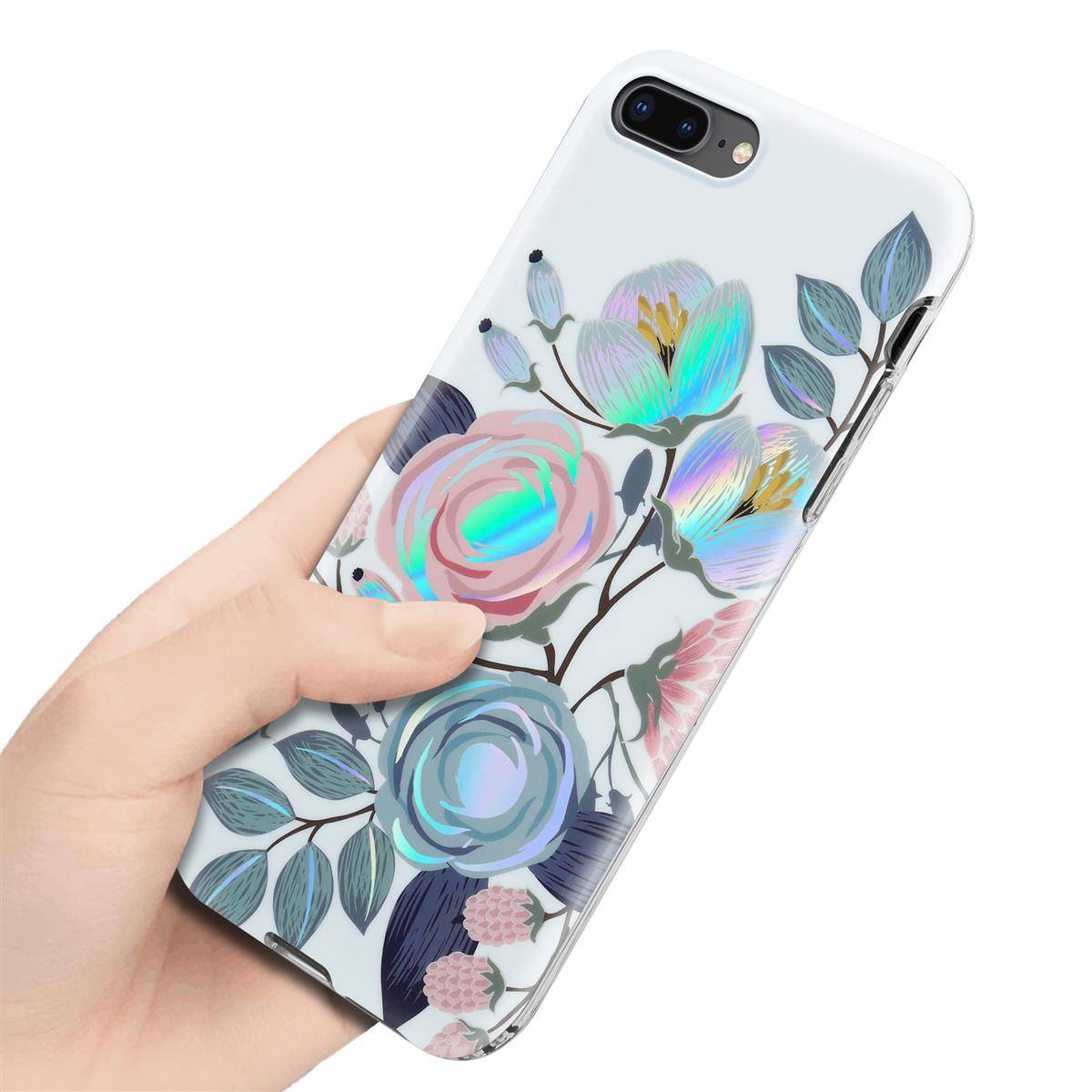 Cadorabo Hülle für Apple iPhone 7 PLUS / 7S PLUS / 8 PLUS Schutz Hülle mit Weiß TPU Etui Blumen Flower Cover Case