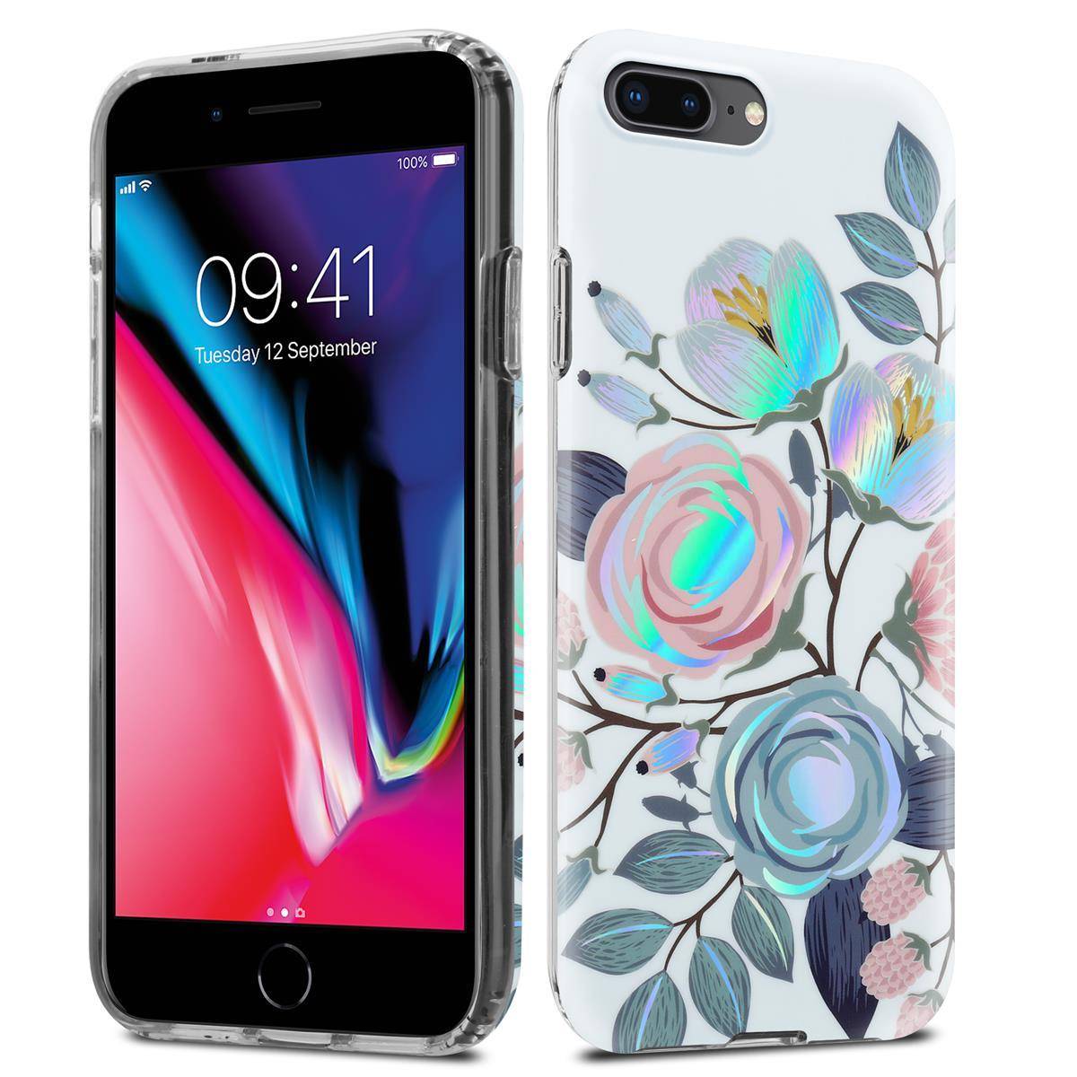 Cadorabo Hülle für Apple iPhone 7 PLUS / 7S PLUS / 8 PLUS Schutz Hülle mit Weiß TPU Etui Blumen Flower Cover Case