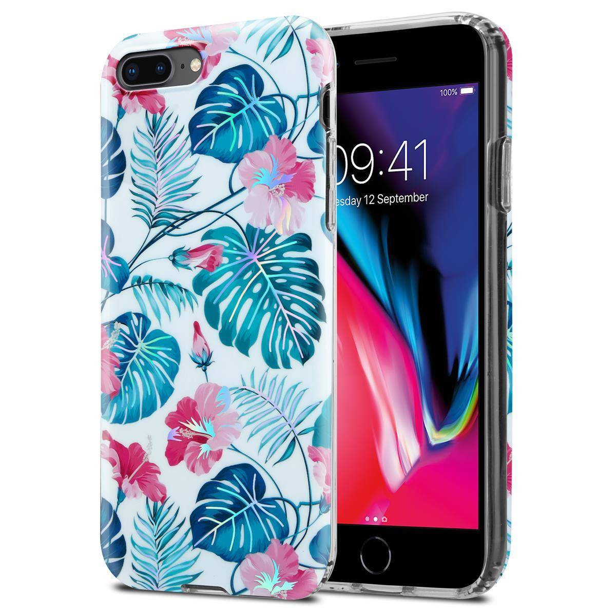 Cadorabo Hülle für Apple iPhone 7 PLUS / 7S PLUS / 8 PLUS Schutz Hülle mit Weiß TPU Etui Blumen Flower Cover Case