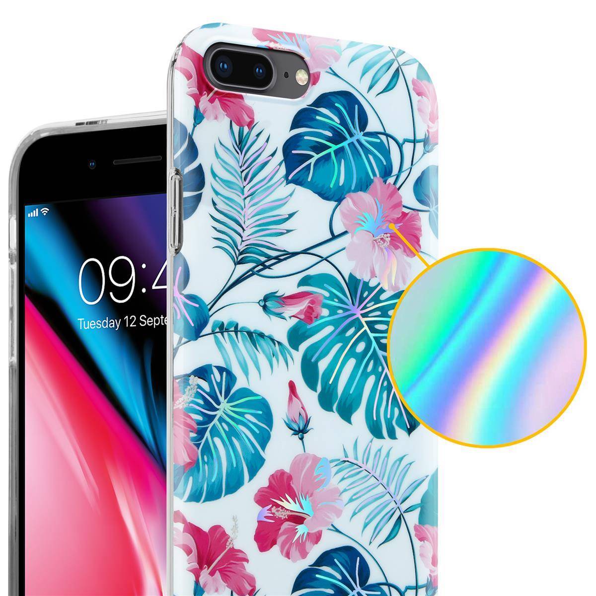 Cadorabo Hülle für Apple iPhone 7 PLUS / 7S PLUS / 8 PLUS Schutz Hülle mit Weiß TPU Etui Blumen Flower Cover Case