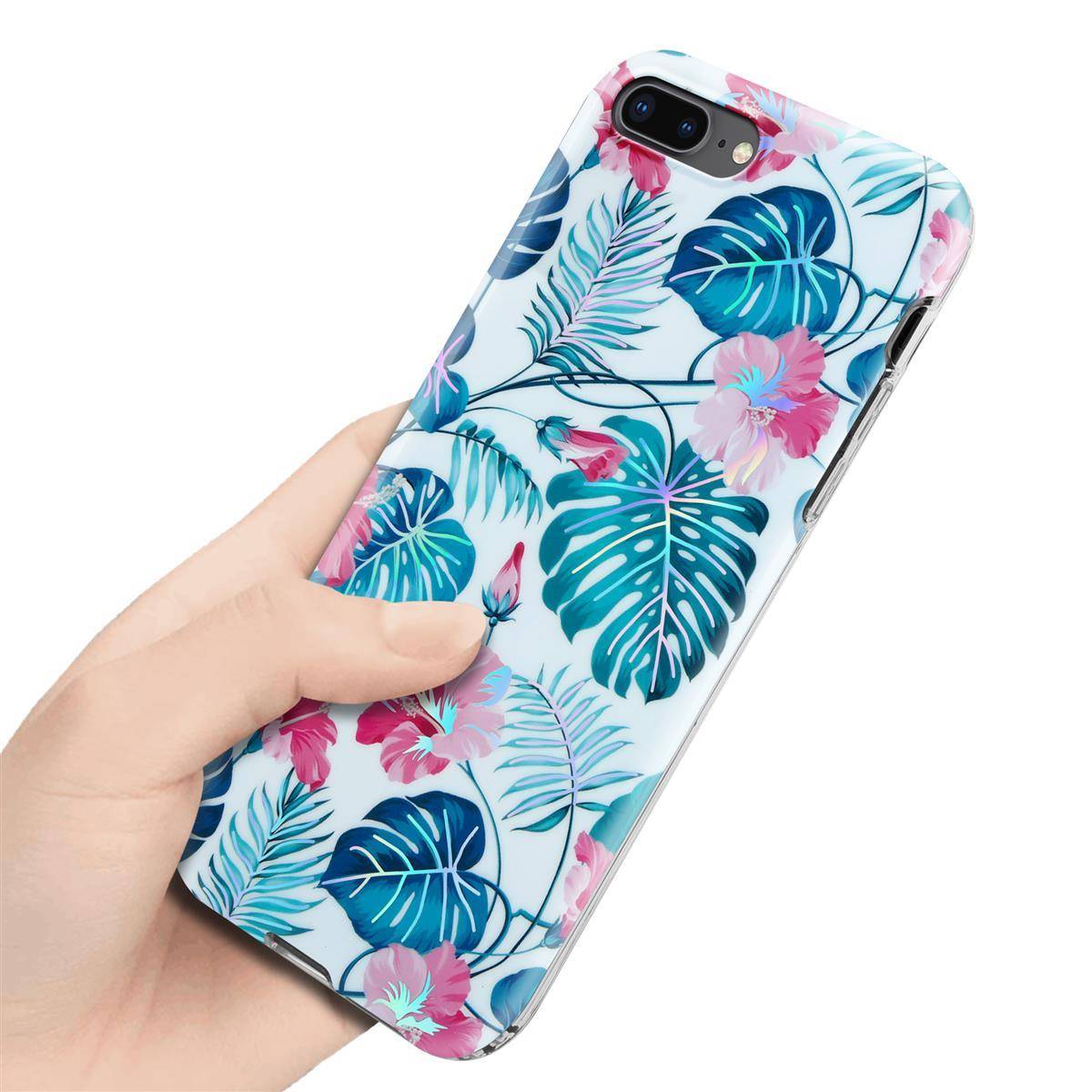 Cadorabo Hülle für Apple iPhone 7 PLUS / 7S PLUS / 8 PLUS Schutz Hülle mit Weiß TPU Etui Blumen Flower Cover Case