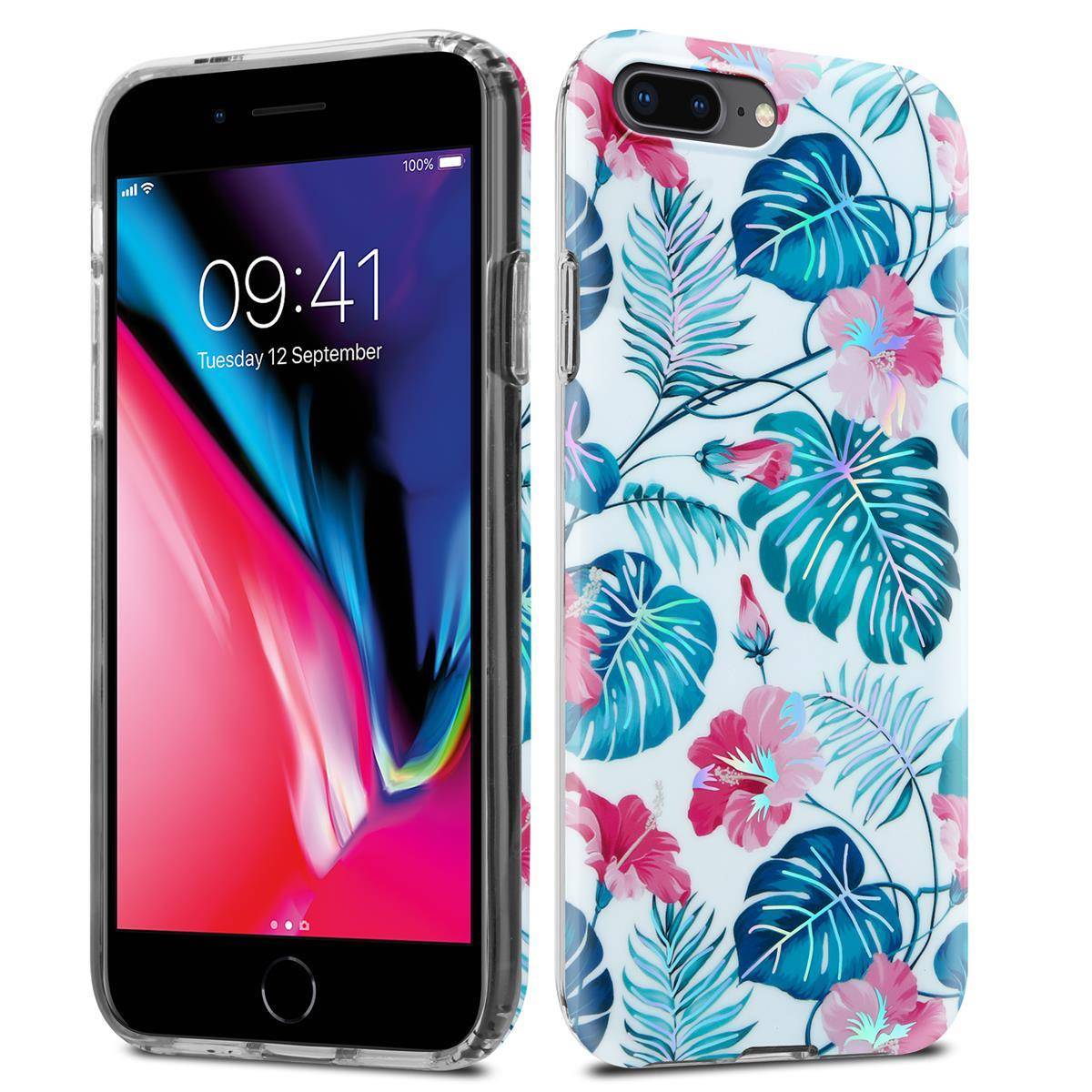 Cadorabo Hülle für Apple iPhone 7 PLUS / 7S PLUS / 8 PLUS Schutz Hülle mit Weiß TPU Etui Blumen Flower Cover Case